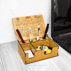 Wooden Desk Calendar with Pen Holder, Card Holder, Slip Pad