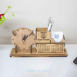 Organize Your Desk with a Wooden Desk Calendar, Pen Holder, Card Holder & Desk Clock