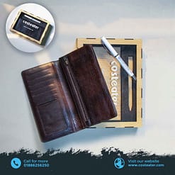 Genuine Leather Wallet and Pen Set with Wooden Box