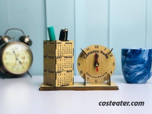 Artistic Wooden Desk Calendar with Desk Clock
