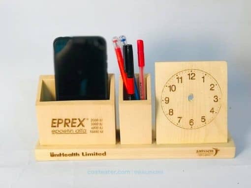 Wooden Desk Organizer – Pen Holder, Mobile Holder and Clock