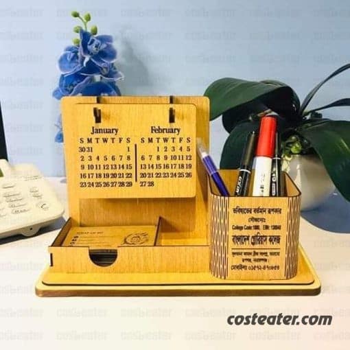 Wooden Desk Calendar with Pen Holder, Card Holder, Sip Pad