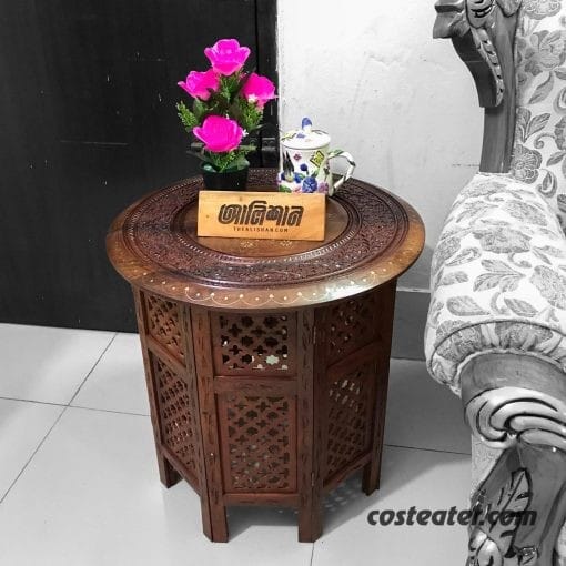 Sheesham Kashmiri Jali Wooden Side Table with Brass & Copper