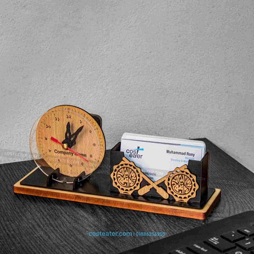 Handcrafted Wooden Pahela Baishakh Iconic Desk Clock with Card Holder