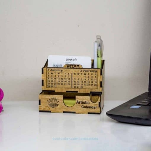 New Year Wooden Desk Calendar with Pen Holder, Card Holder and Slip Pad