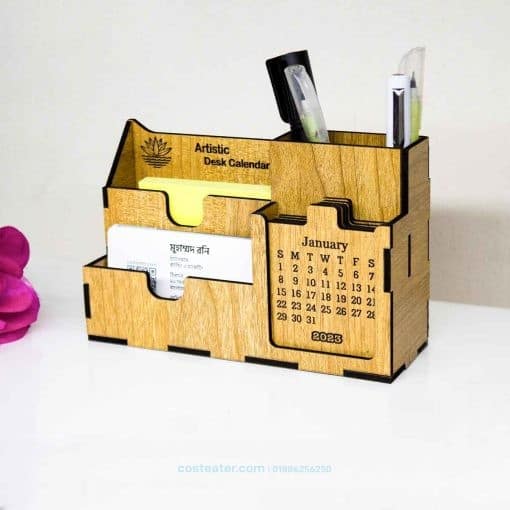 PREMIUM Wooden Desk Calendar with Pen Holder, Card Holder, Mobile Stand