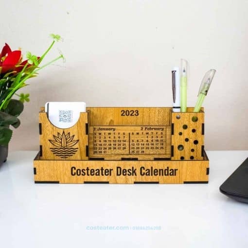 Costeater Wooden Desk Calendar with Pen Holder, Card Holder