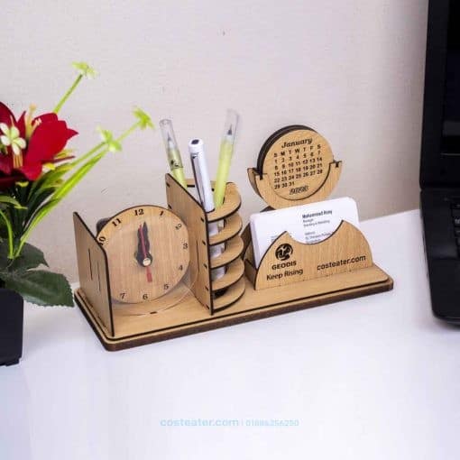 PREMIUM Wooden Desk Calendar with Pen Holder, Card Holder, Desk Clock