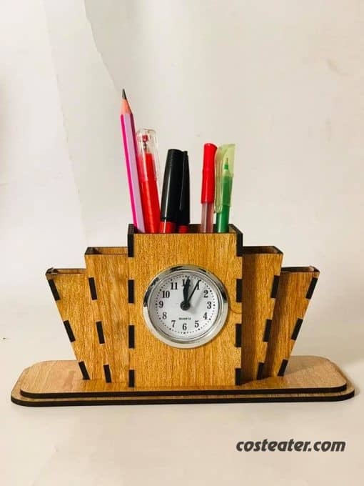 Wooden Desk Organizer – Pen Holder and Clock