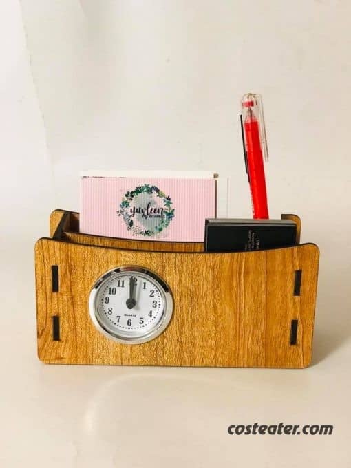 Wooden Desk Organizer – Pen Holder, Card Holder and Clock